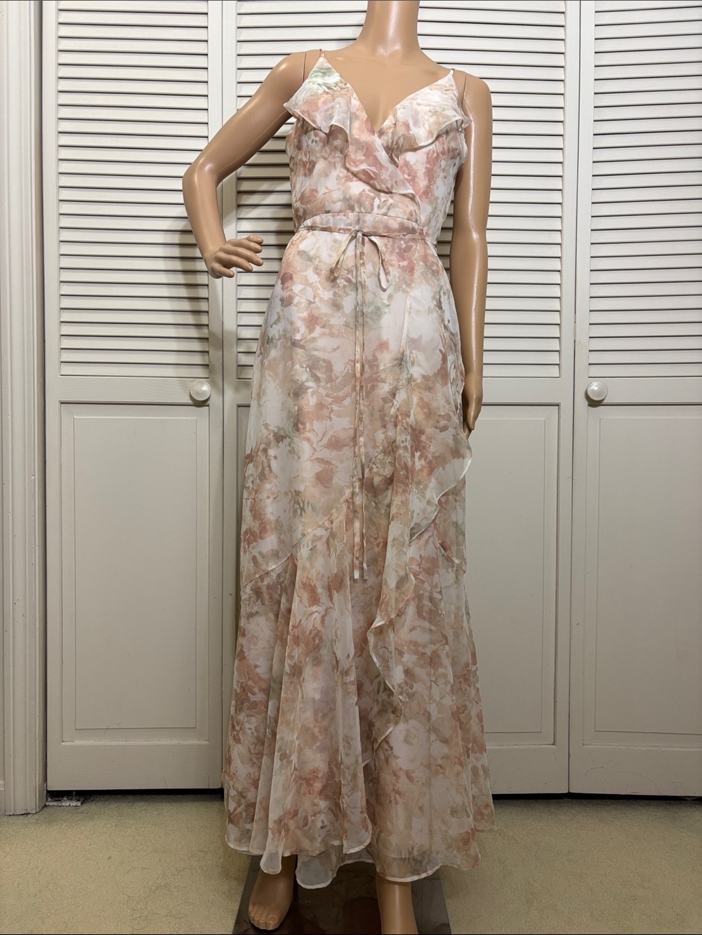 Jenny Yoo Watercolor Ruffle Wrap Maxi Dress Blush & Sage Size 4